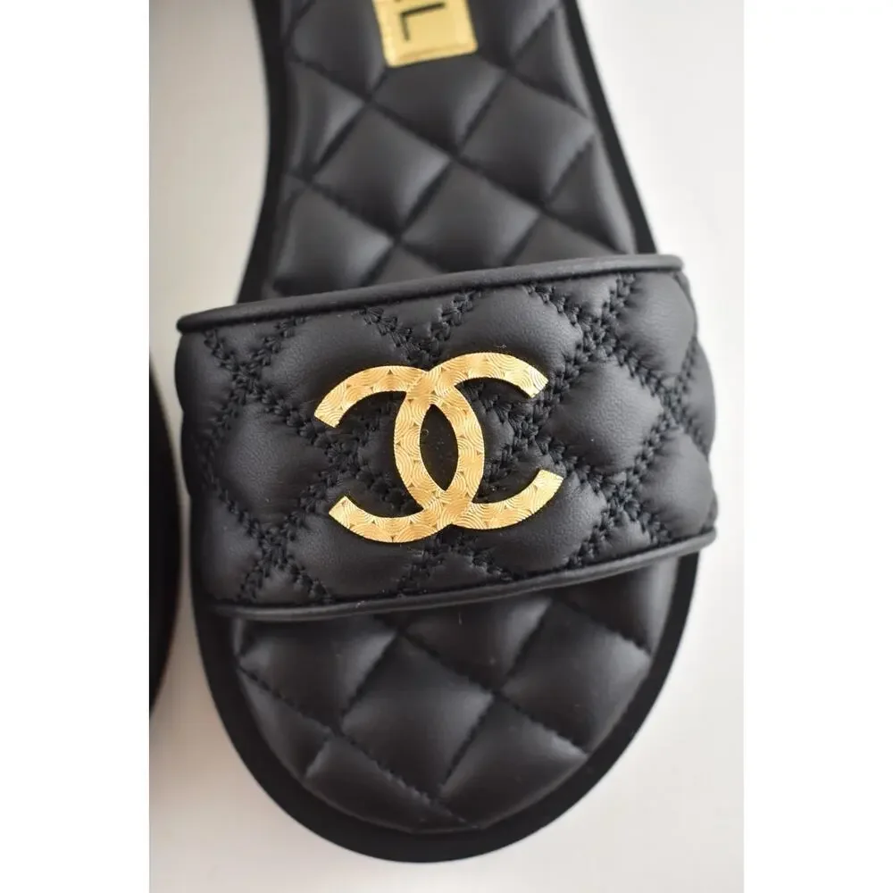 Chanel REV Black Quilted Leather Gold Logo Mule Slide Sandal Flip Flop Flat 35